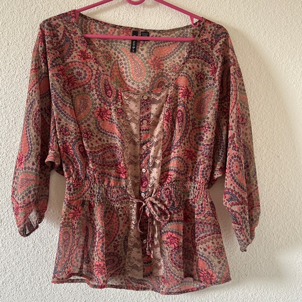 Full Tilt Western Cottagecore Spring Fall Party Paisley Sheer Top Women’s Large